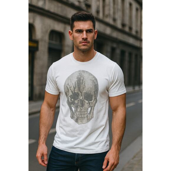 Rush Couture Rhinestone Skull Men Tee Bling T-shirt Size M White Grunge Goth USA - Picture 3 of 8
